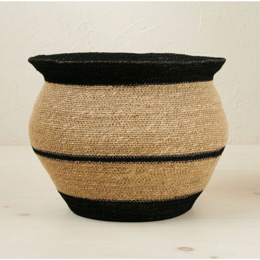 10"x14" Black Round Seagrass Woven Decorative Storage Basket Jungalow Home Decor